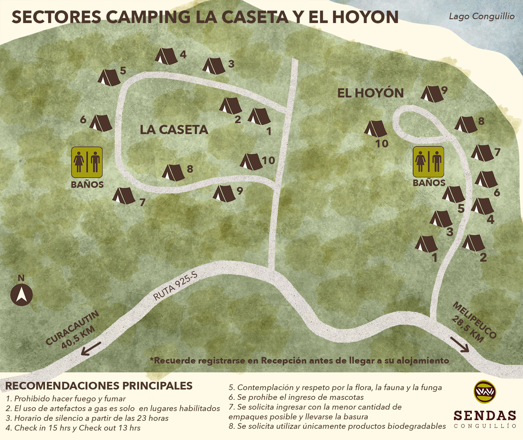 mapa de camping la caseta y el hoyon sendas conguillío
